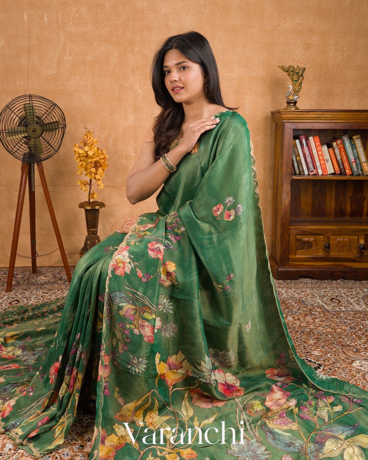 Bottle Green Digital Printed and Embroidered Tissue Silk Saree