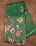 Bottle Green Digital Printed and Embroidered Tissue Silk Saree