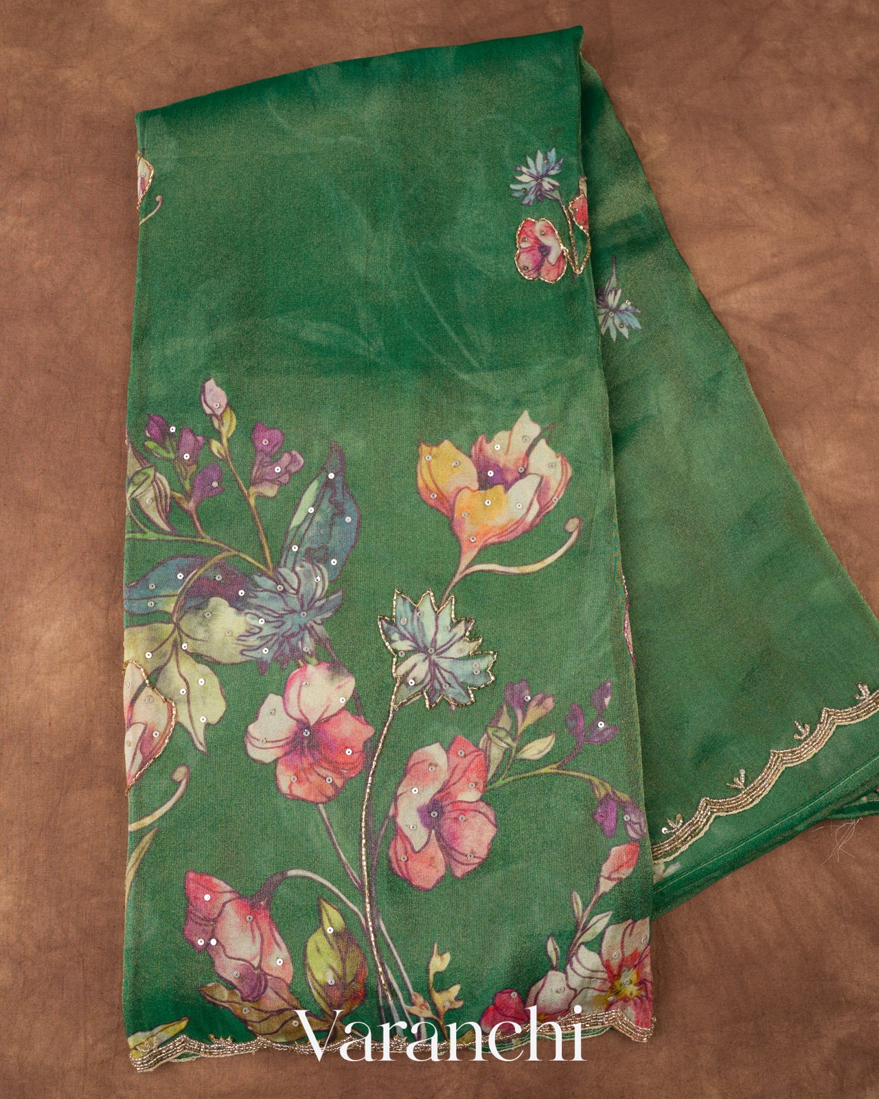 Bottle Green Digital Printed and Embroidered Tissue Silk Saree