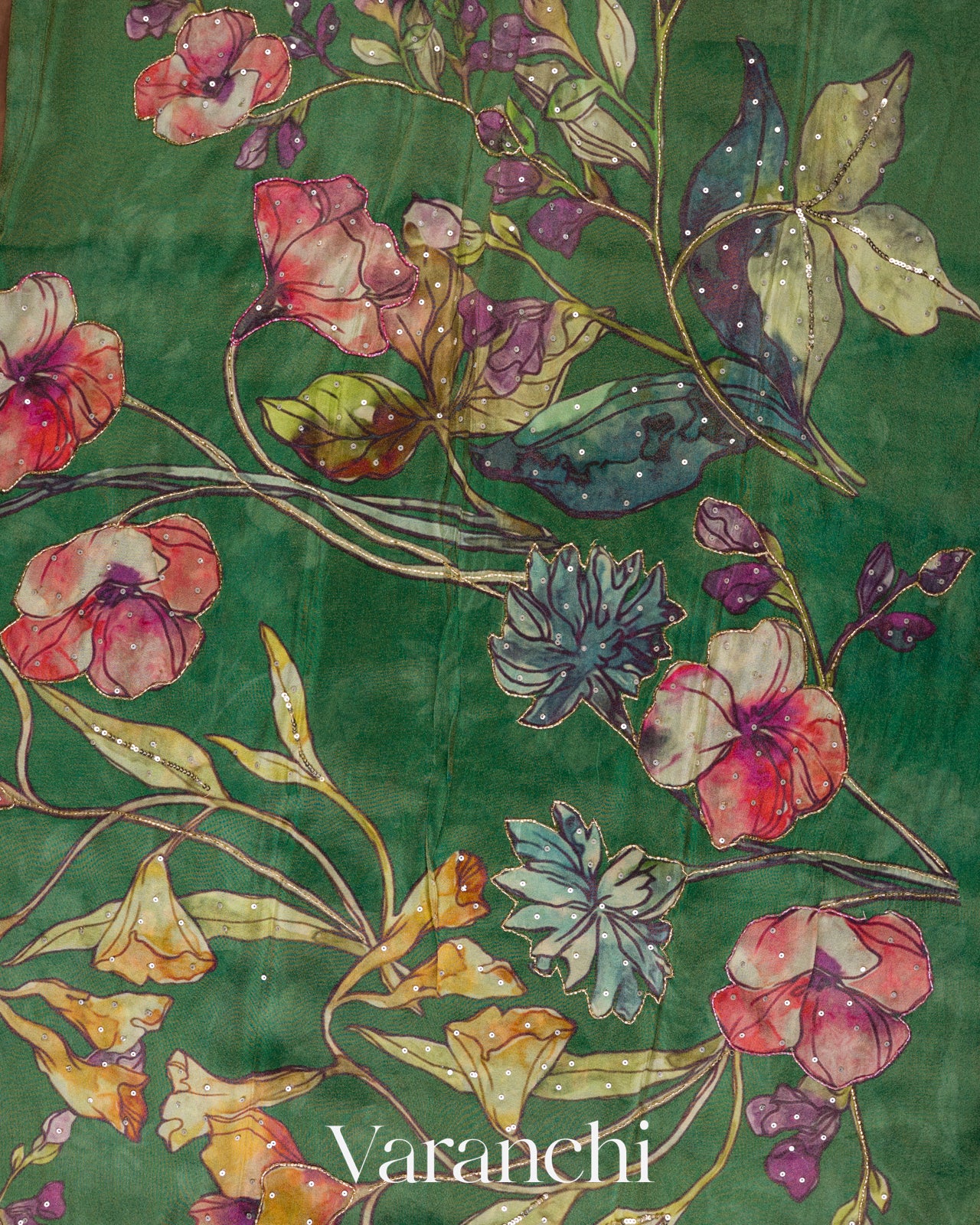Bottle Green Digital Printed and Embroidered Tissue Silk Saree