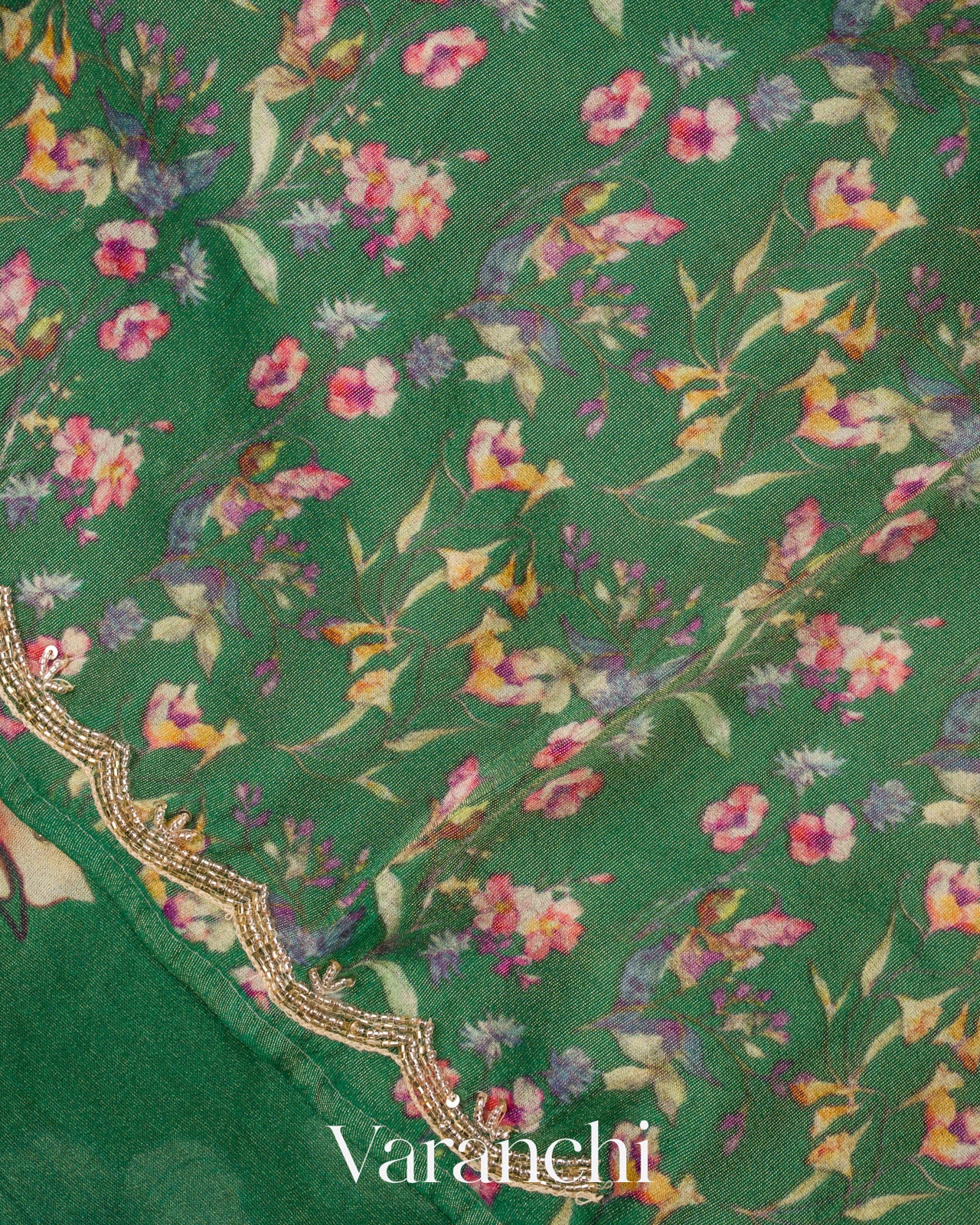 Bottle Green Digital Printed and Embroidered Tissue Silk Saree