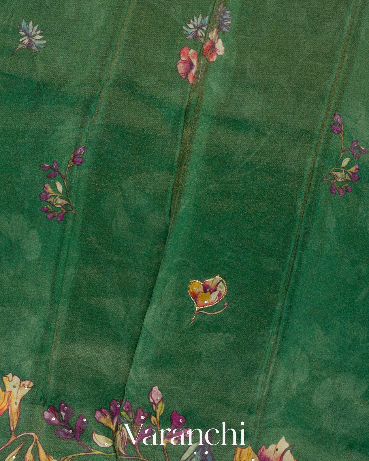Bottle Green Digital Printed and Embroidered Tissue Silk Saree