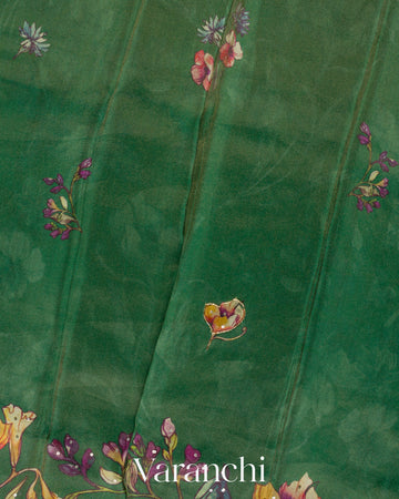 Bottle Green Digital Printed and Embroidered Tissue Silk Saree