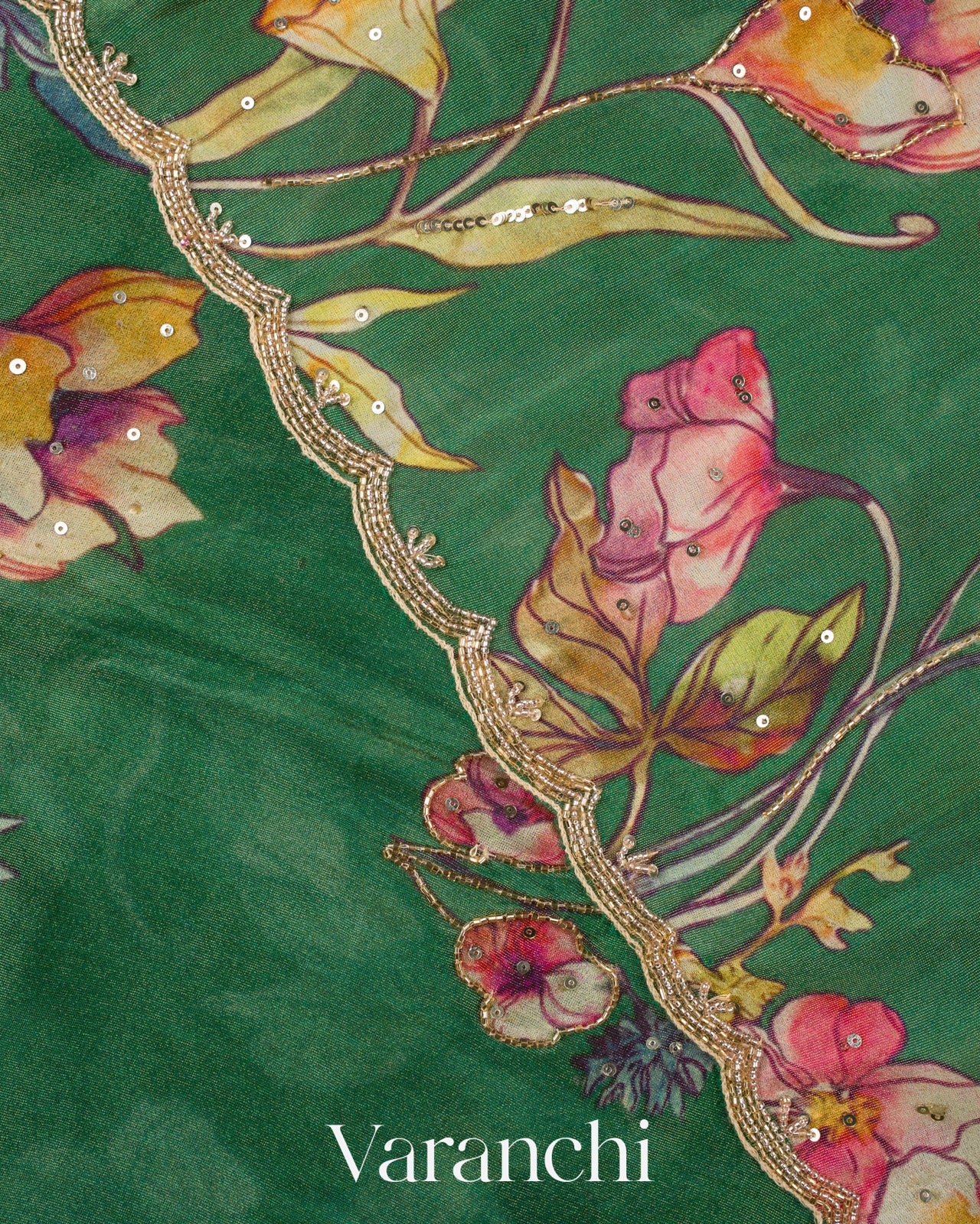 Bottle Green Digital Printed and Embroidered Tissue Silk Saree