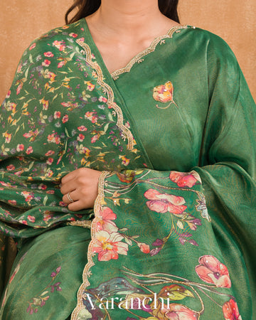Bottle Green Digital Printed and Embroidered Tissue Silk Saree