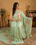 Light Green Digital Printed and Embroidered Tissue Silk Saree