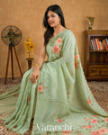Light Green Digital Printed and Embroidered Tissue Silk Saree