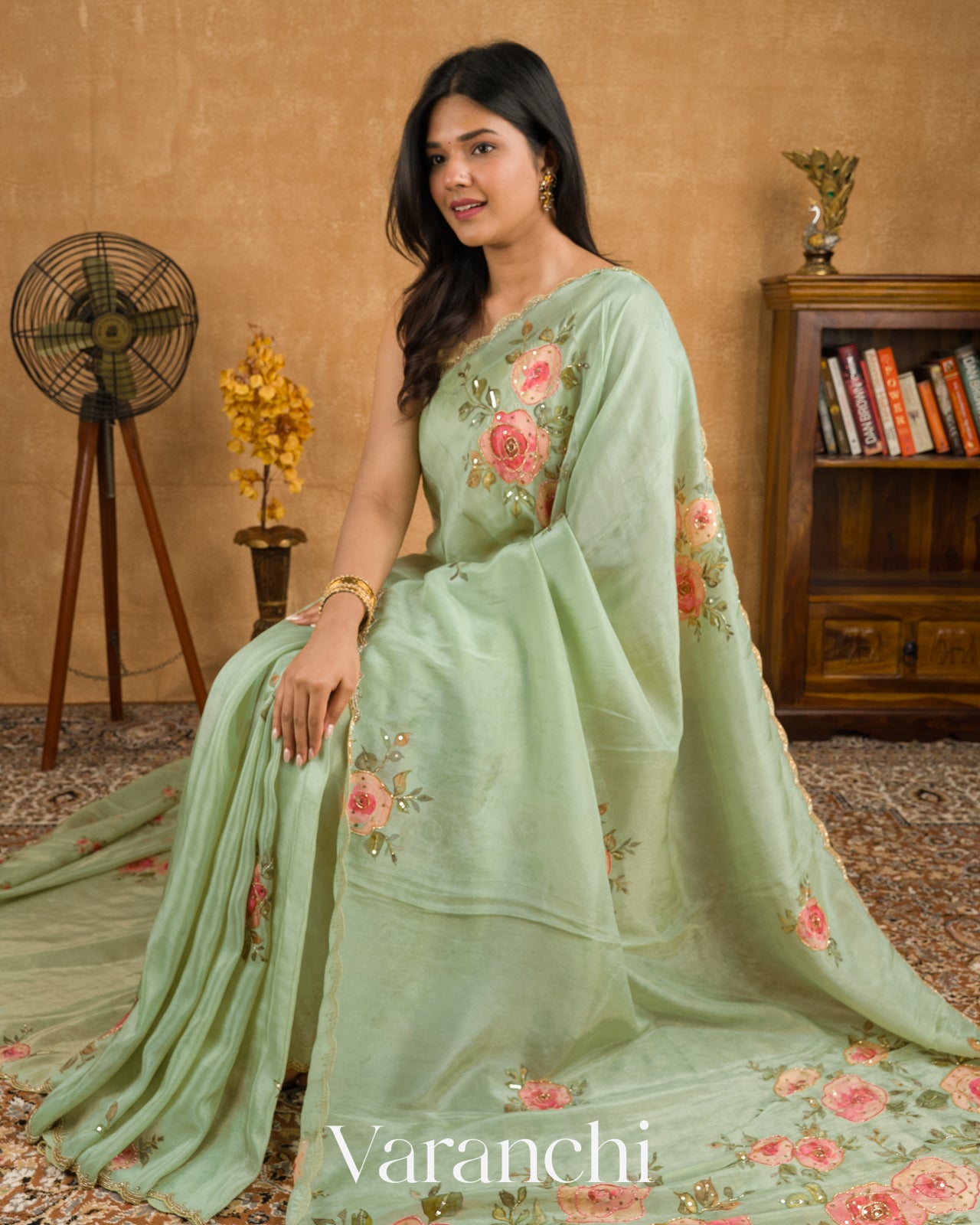 Light Green Digital Printed and Embroidered Tissue Silk Saree