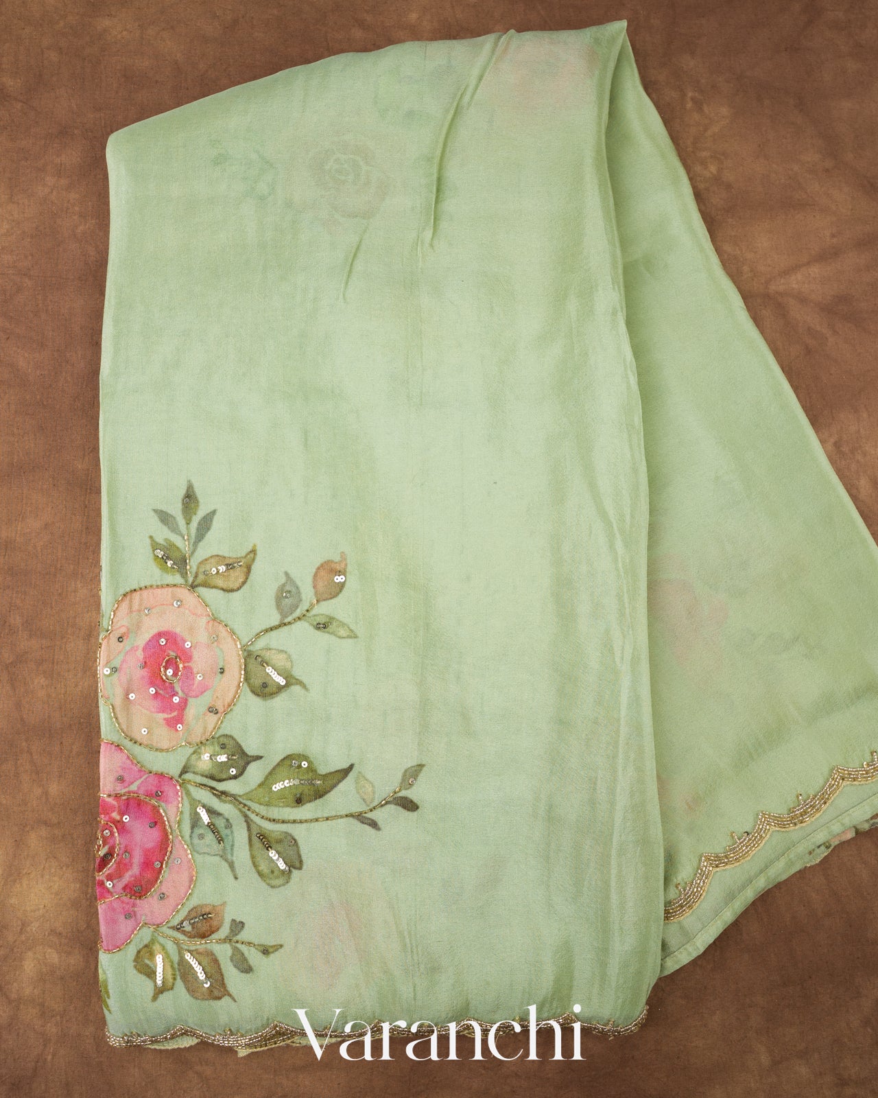 Light Green Digital Printed and Embroidered Tissue Silk Saree