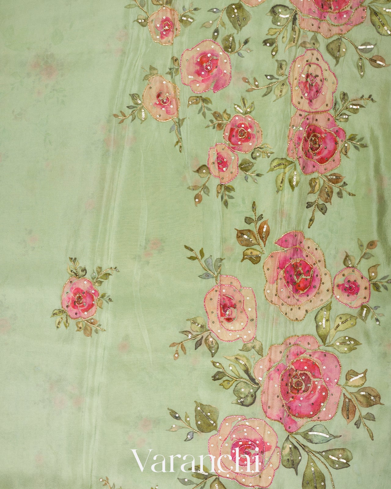 Light Green Digital Printed and Embroidered Tissue Silk Saree