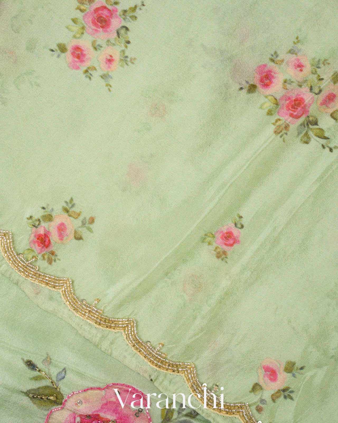 Light Green Digital Printed and Embroidered Tissue Silk Saree