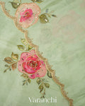 Light Green Digital Printed and Embroidered Tissue Silk Saree