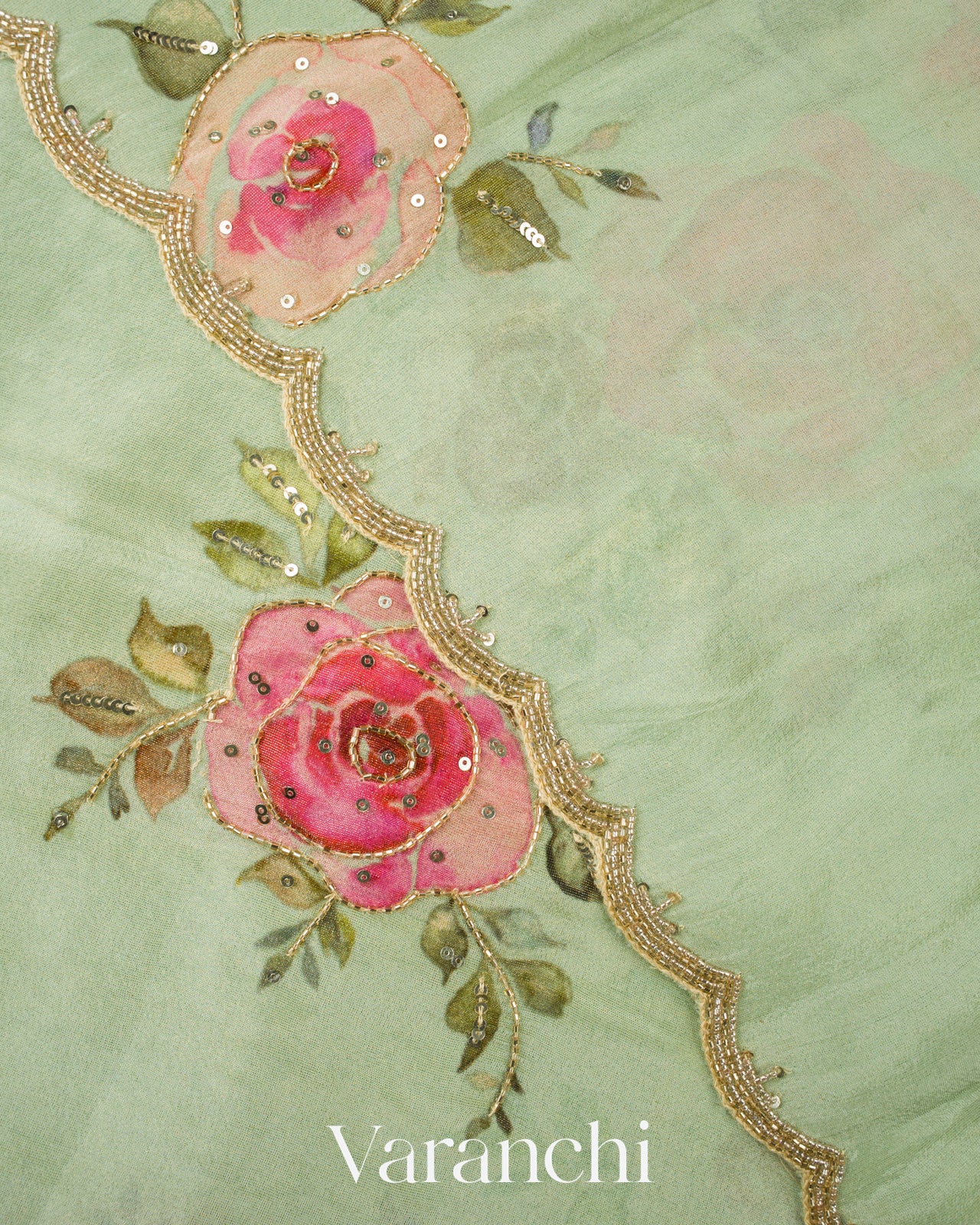Light Green Digital Printed and Embroidered Tissue Silk Saree