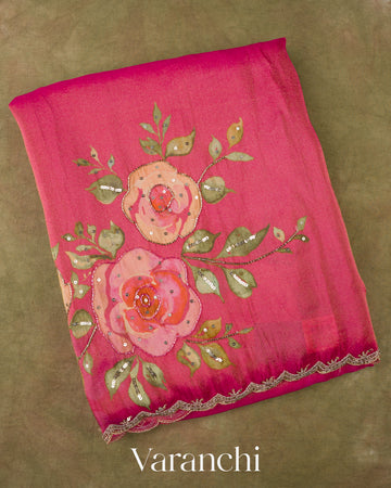 Pink Digital Printed and Embroidered Tissue Silk Saree