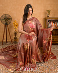 Rust Brown Digital Printed and Embroidered Tissue Silk Saree