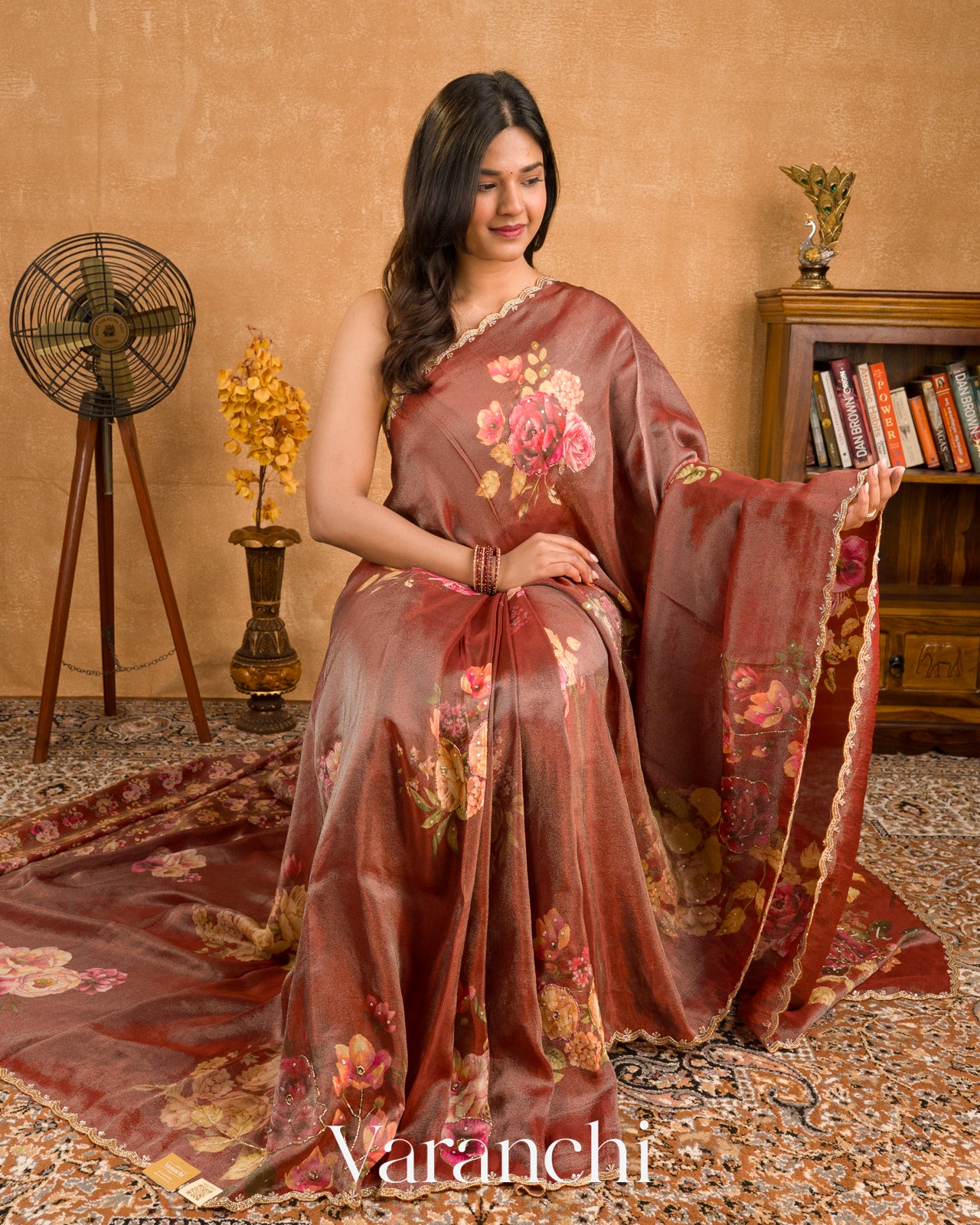 Rust Brown Digital Printed and Embroidered Tissue Silk Saree