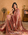 Rust Brown Digital Printed and Embroidered Tissue Silk Saree