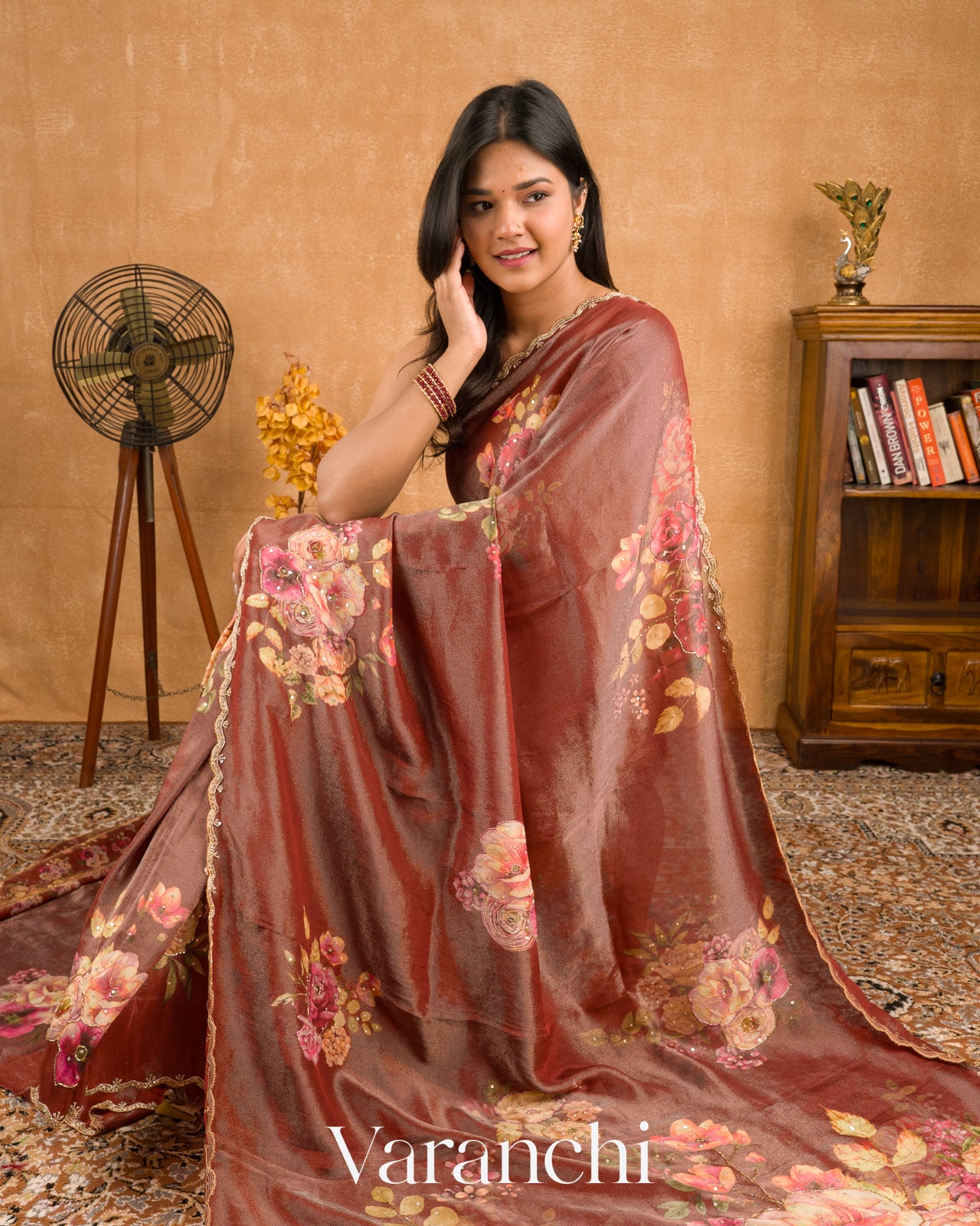 Rust Brown Digital Printed and Embroidered Tissue Silk Saree