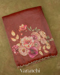 Rust Brown Digital Printed and Embroidered Tissue Silk Saree