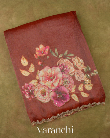 Rust Brown Digital Printed and Embroidered Tissue Silk Saree