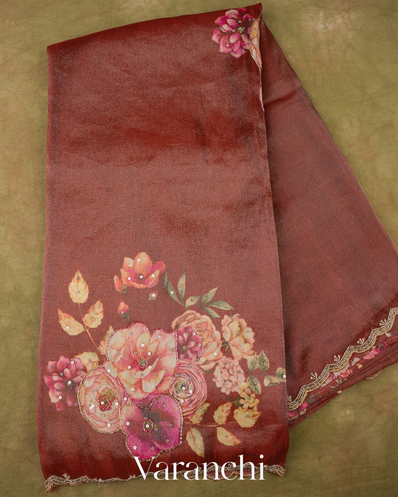 Rust Brown Digital Printed and Embroidered Tissue Silk Saree