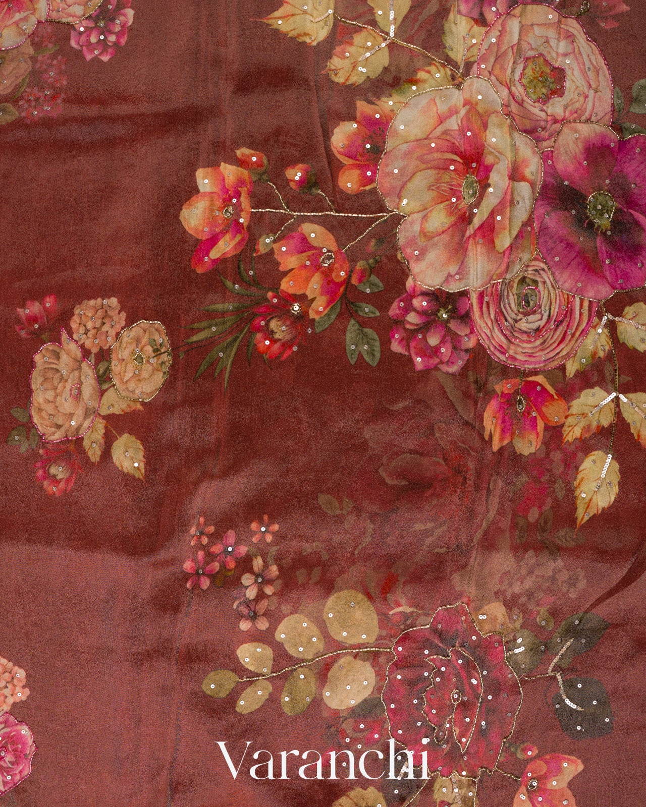 Rust Brown Digital Printed and Embroidered Tissue Silk Saree