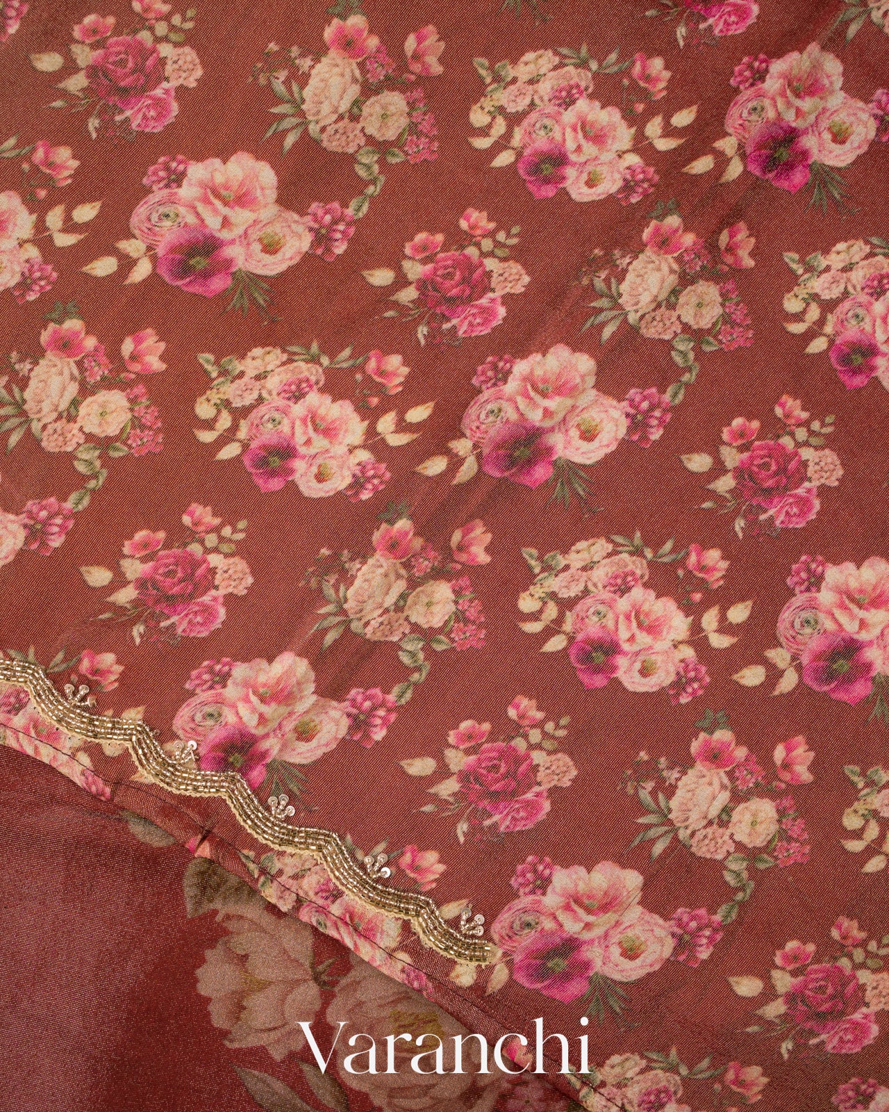 Rust Brown Digital Printed and Embroidered Tissue Silk Saree