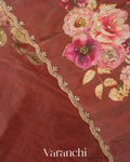 Rust Brown Digital Printed and Embroidered Tissue Silk Saree