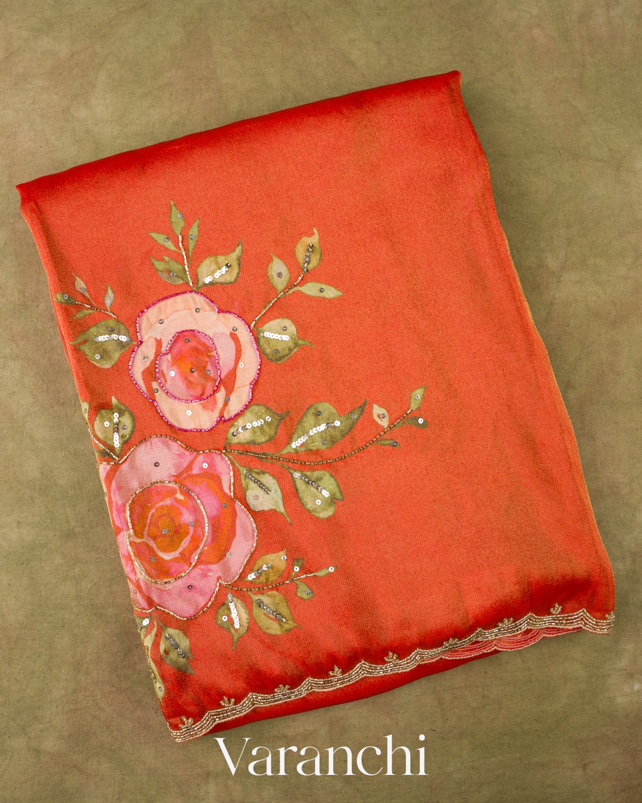 Rust Orange Digital Printed and Embroidered Tissue Silk Saree