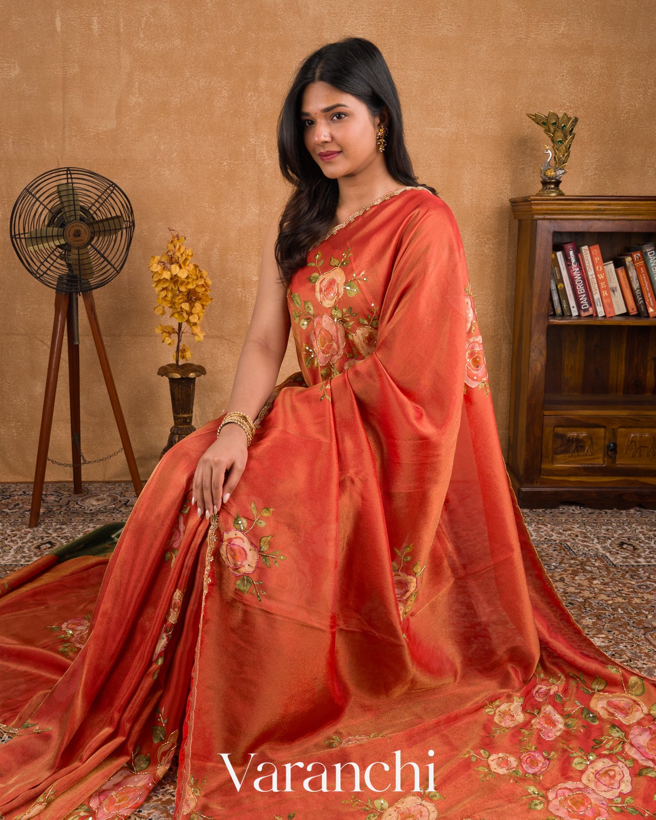 Rust Orange Digital Printed and Embroidered Tissue Silk Saree
