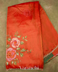Rust Orange Digital Printed and Embroidered Tissue Silk Saree