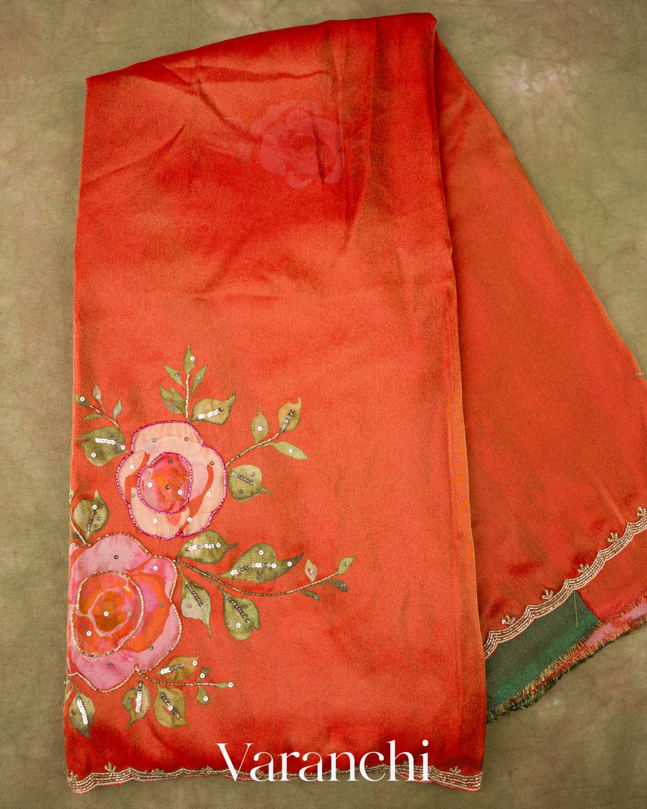 Rust Orange Digital Printed and Embroidered Tissue Silk Saree