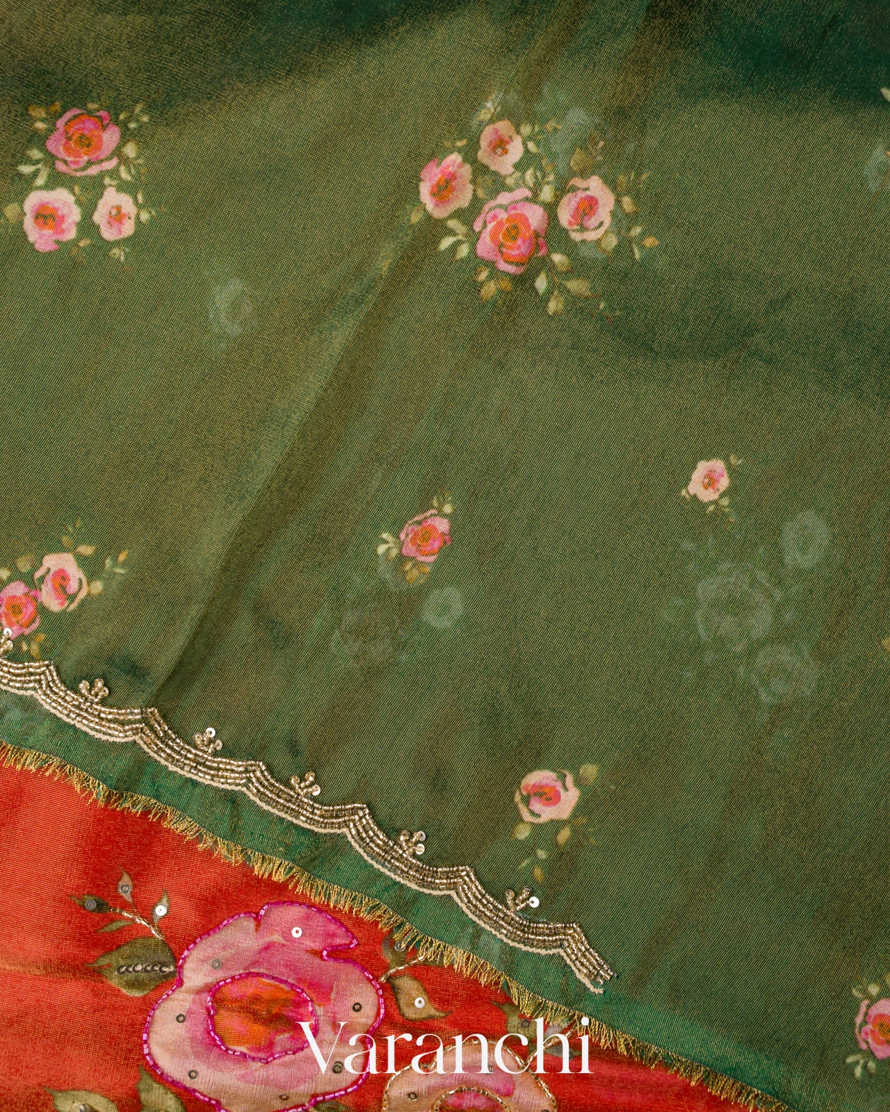Rust Orange Digital Printed and Embroidered Tissue Silk Saree