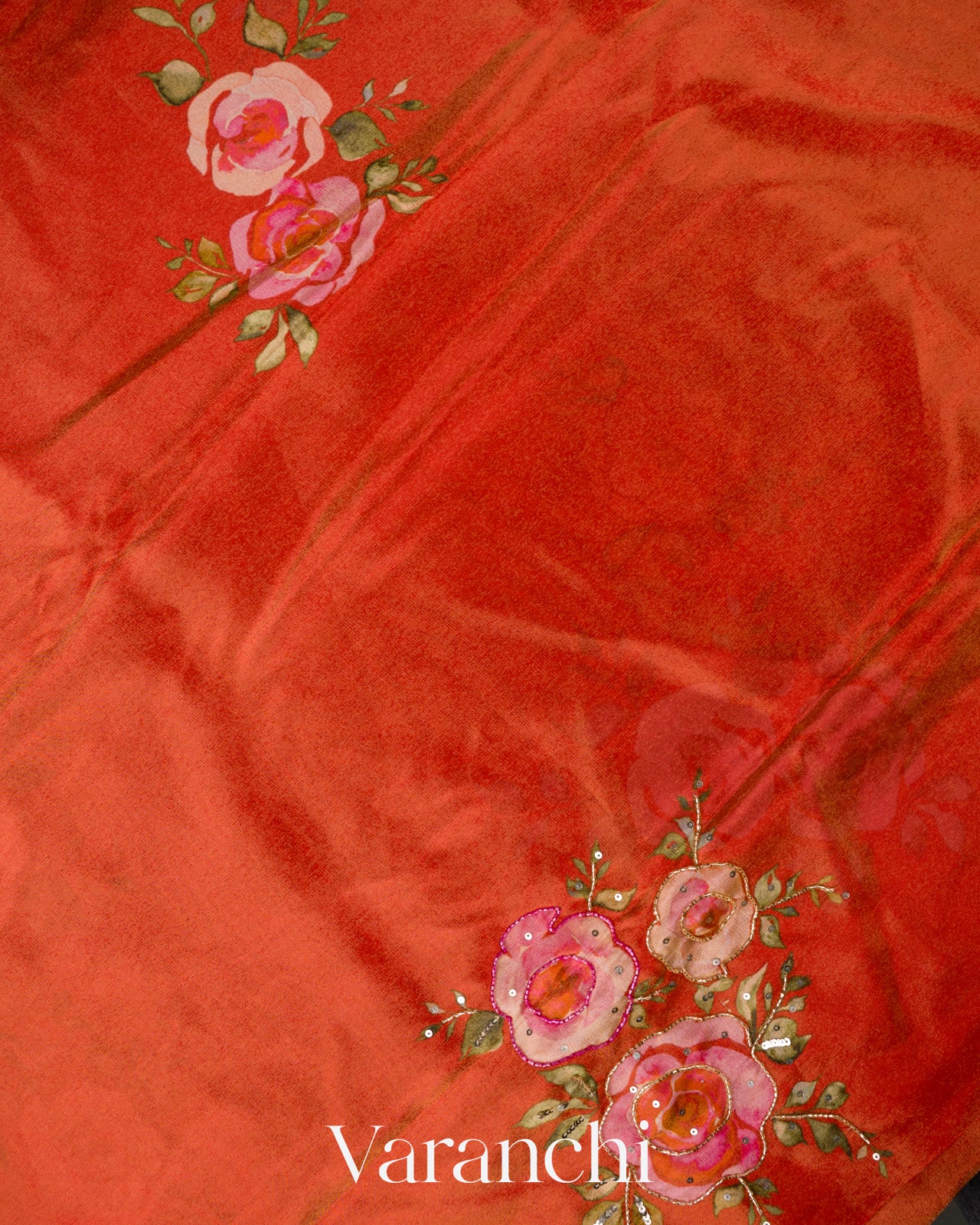 Rust Orange Digital Printed and Embroidered Tissue Silk Saree