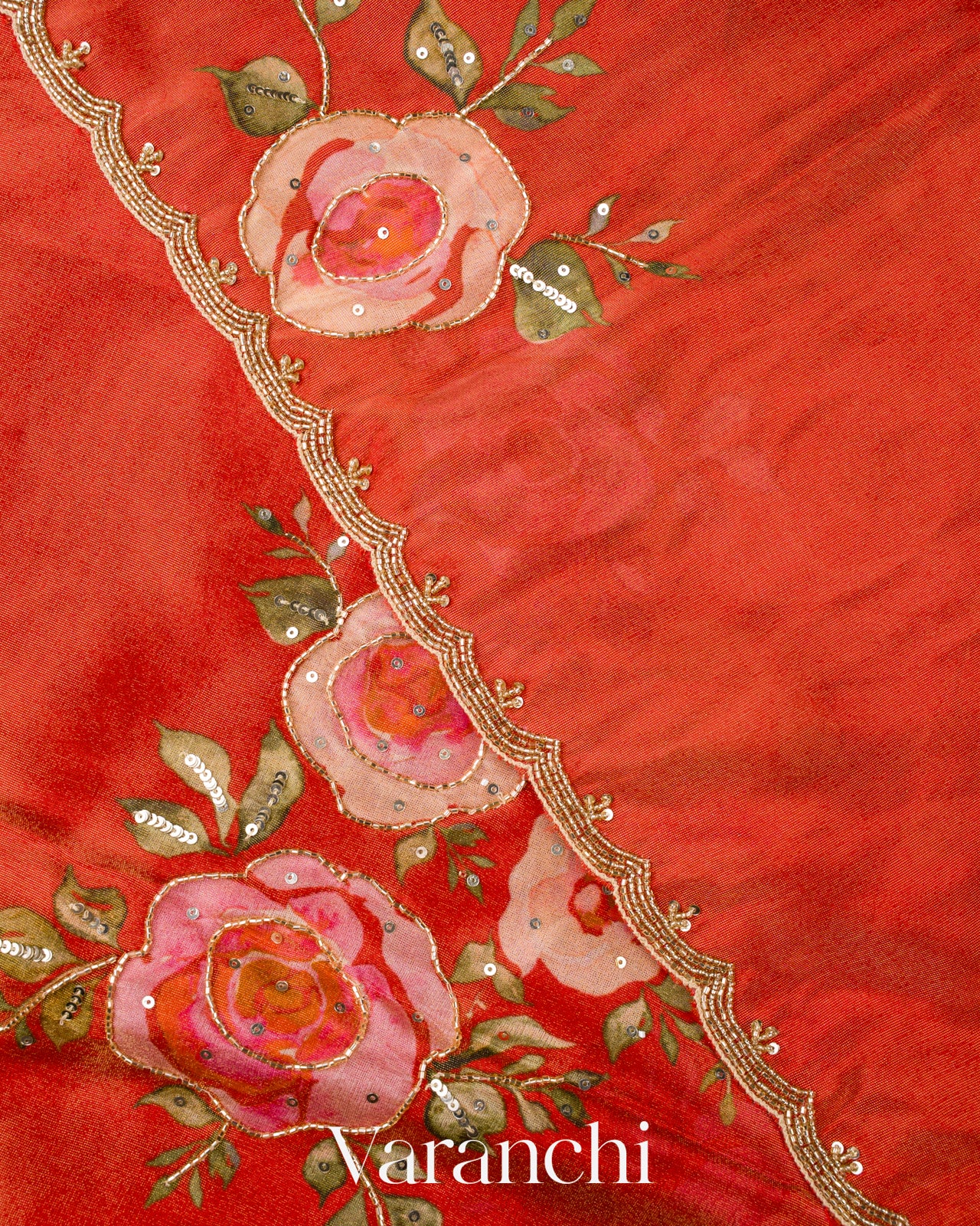 Rust Orange Digital Printed and Embroidered Tissue Silk Saree