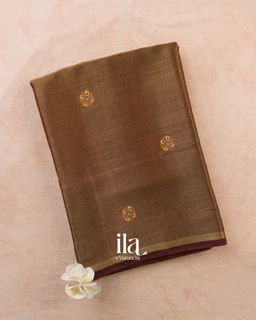 Coffee Brown Cotton Tissue Saree — Folded