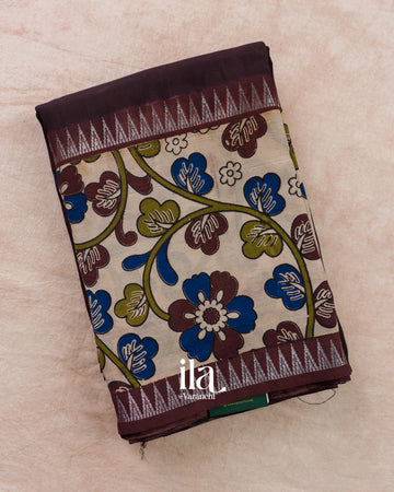 Deep Plum Kalamkari Hand-Printed Semi Mangalgiri Silk Cotton Saree