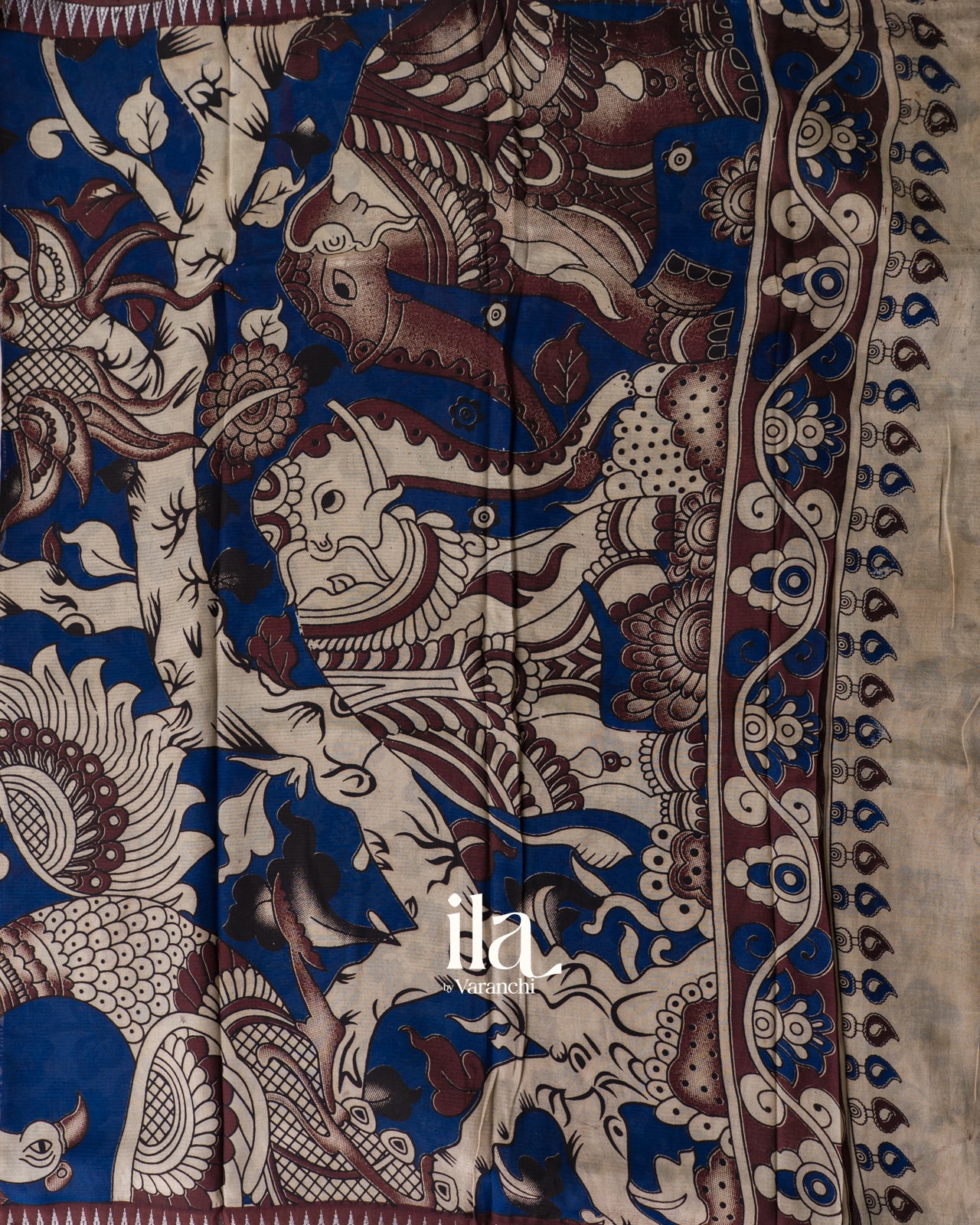 Deep Plum Kalamkari Hand-Printed Semi Mangalgiri Silk Cotton Saree