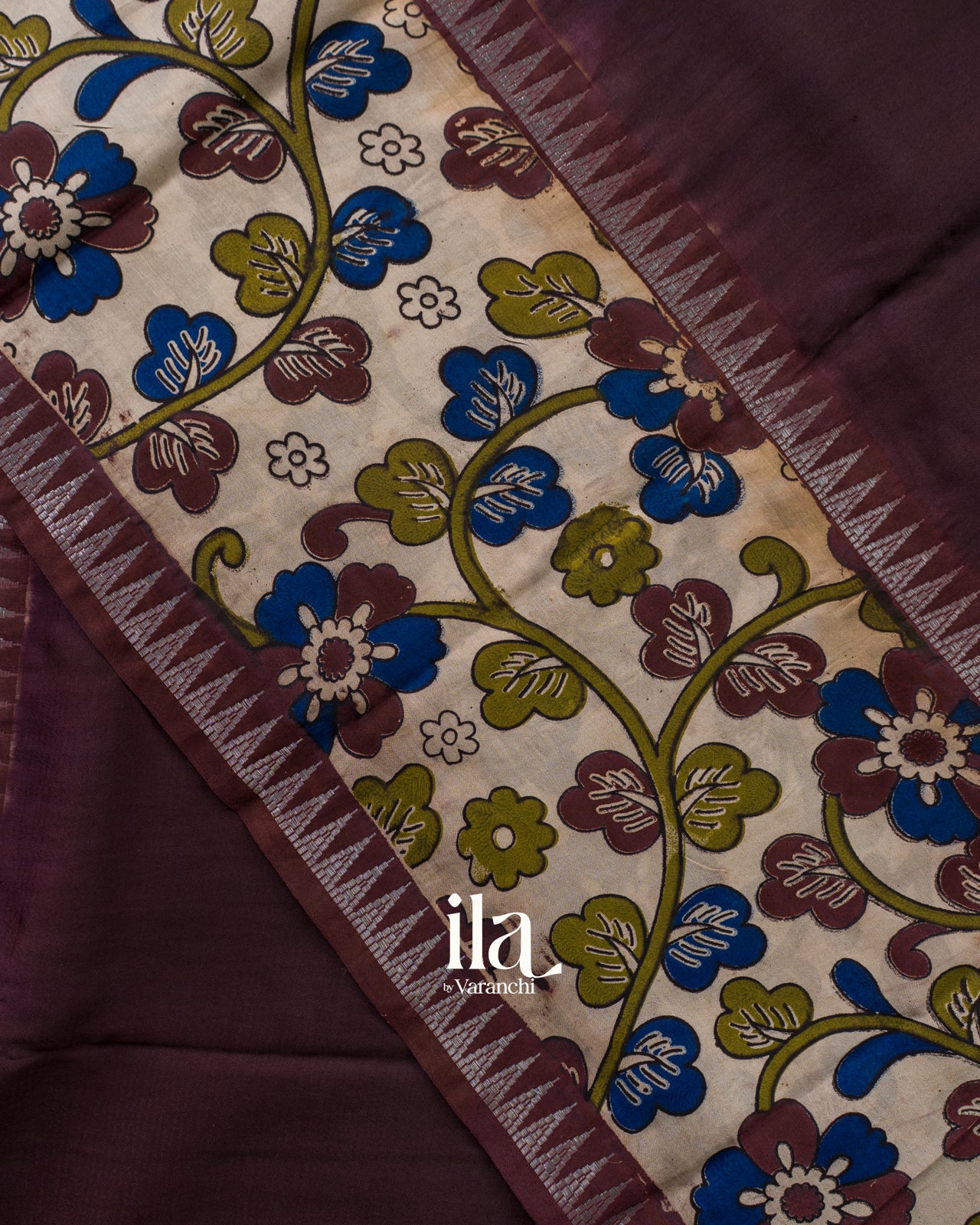 Deep Plum Kalamkari Hand-Printed Semi Mangalgiri Silk Cotton Saree