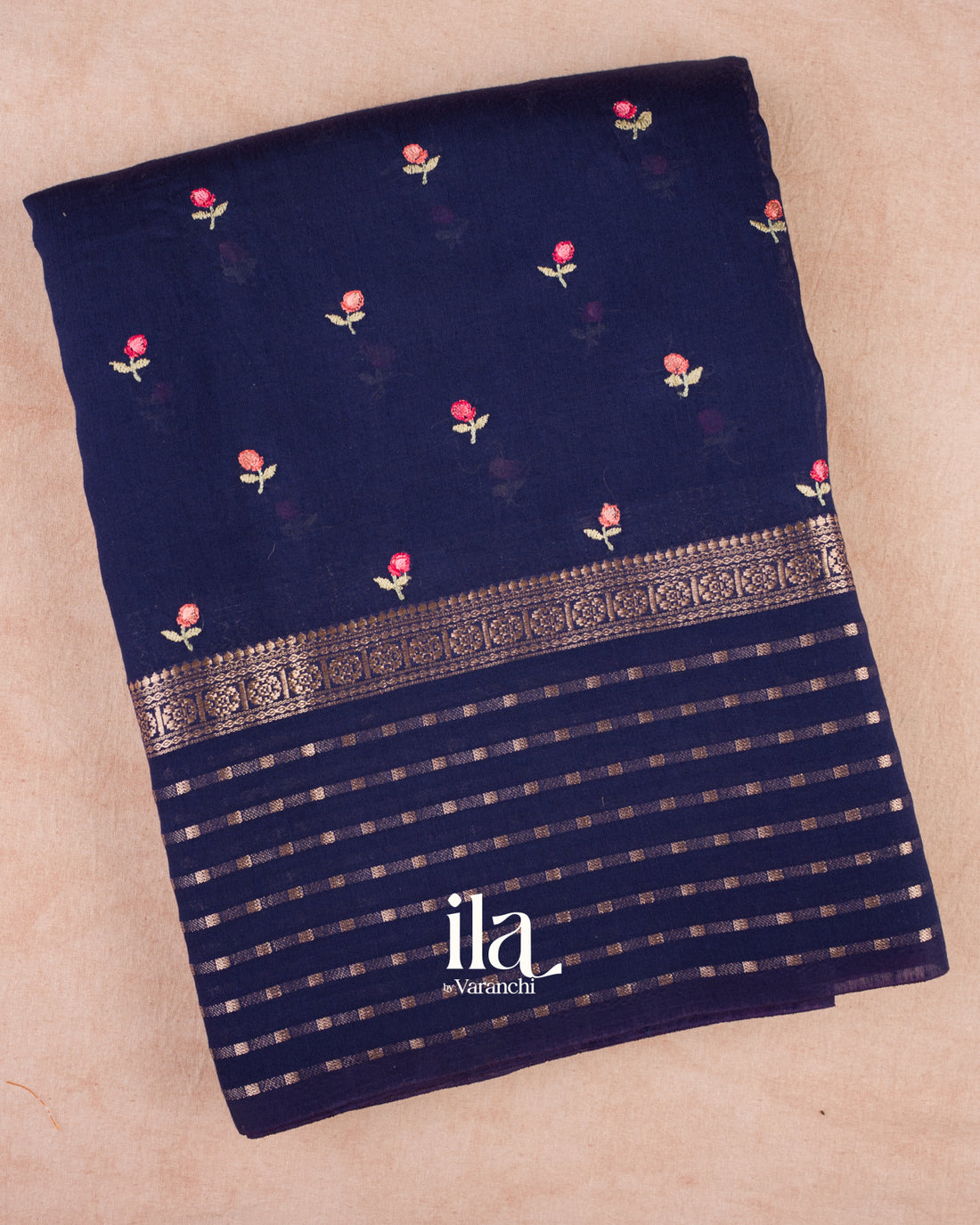 Navy Blue Floral Embroidered Assam Silk Saree