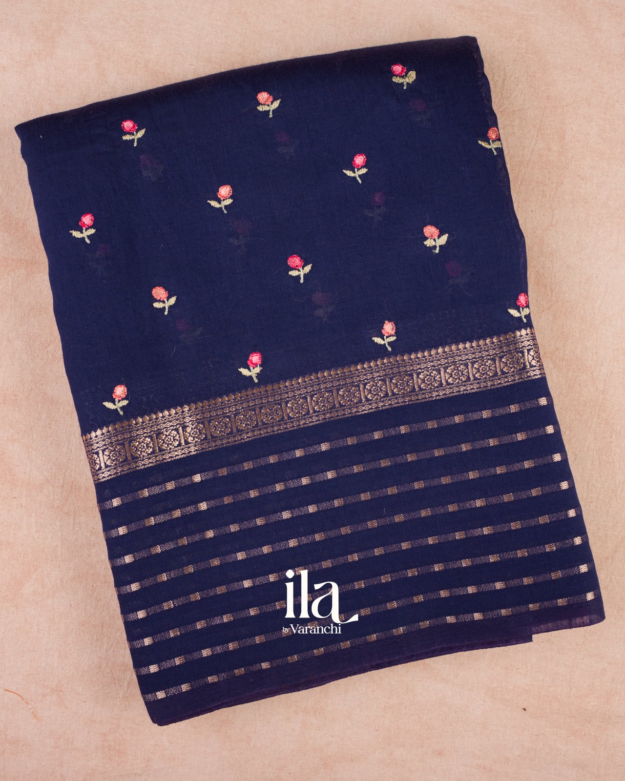 Navy Blue Floral Embroidered Assam Silk Saree