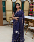 Navy Blue Floral Embroidered Assam Silk Saree