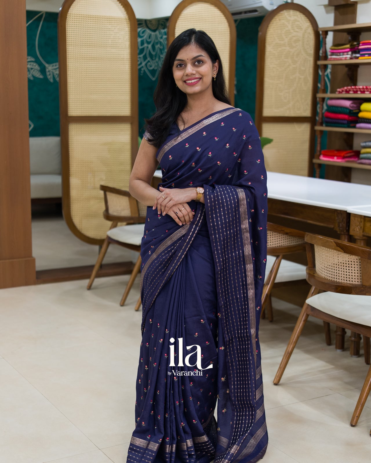 Navy Blue Floral Embroidered Assam Silk Saree