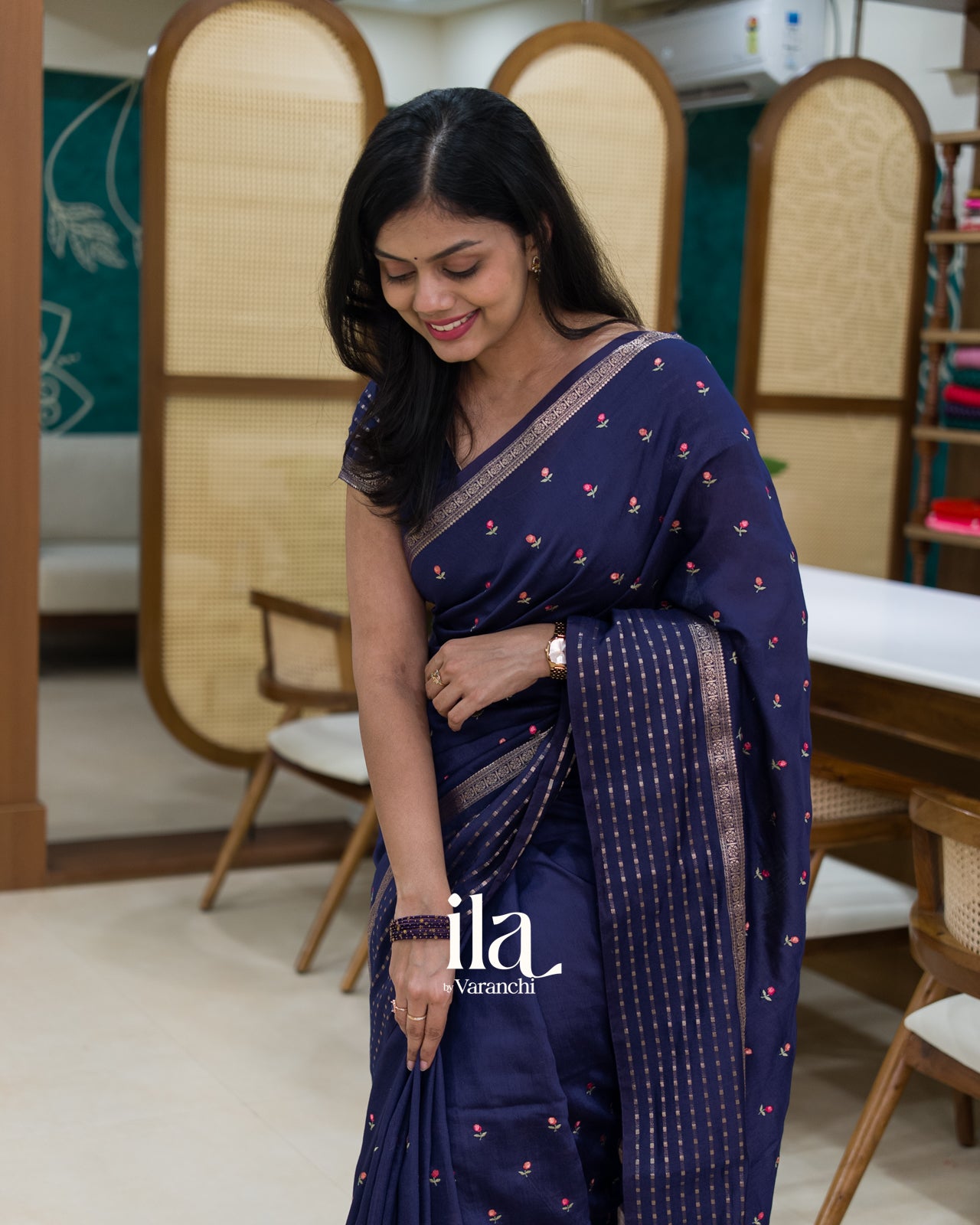 Navy Blue Floral Embroidered Assam Silk Saree