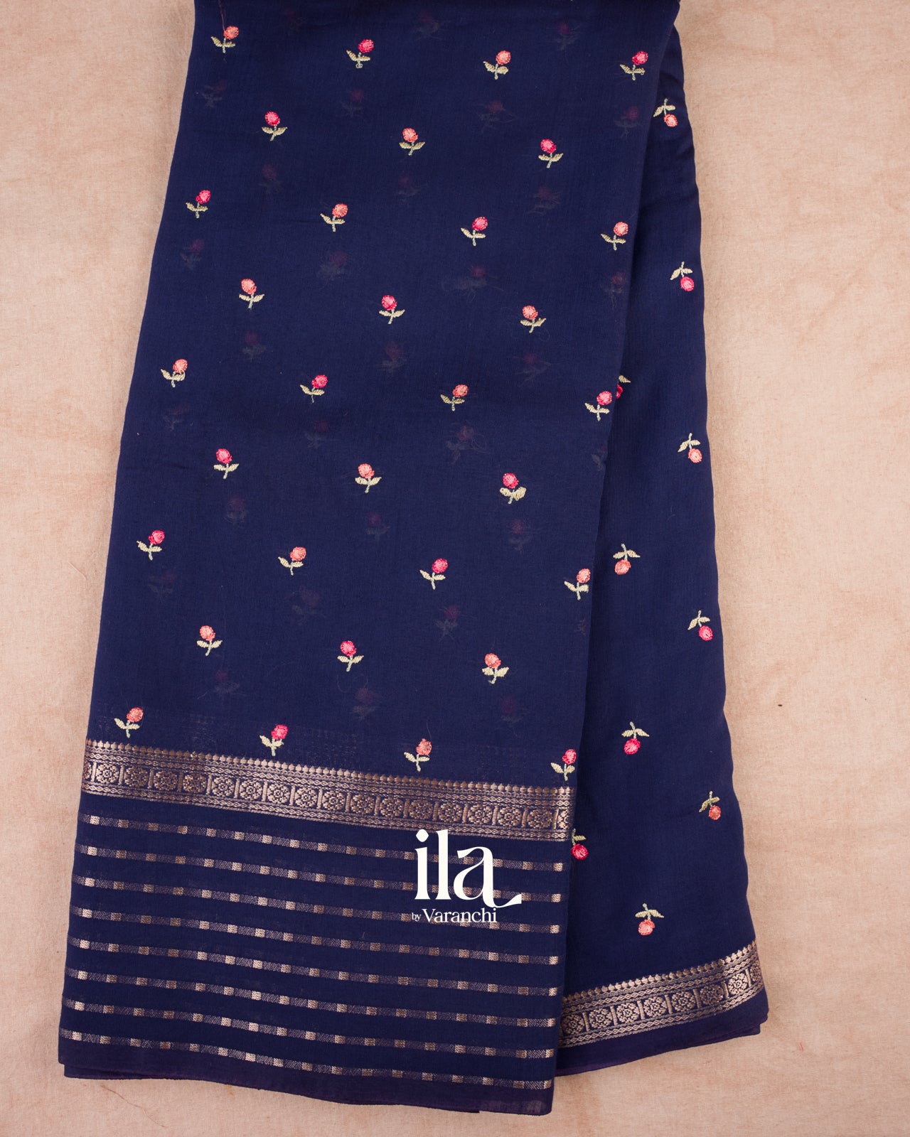Navy Blue Floral Embroidered Assam Silk Saree