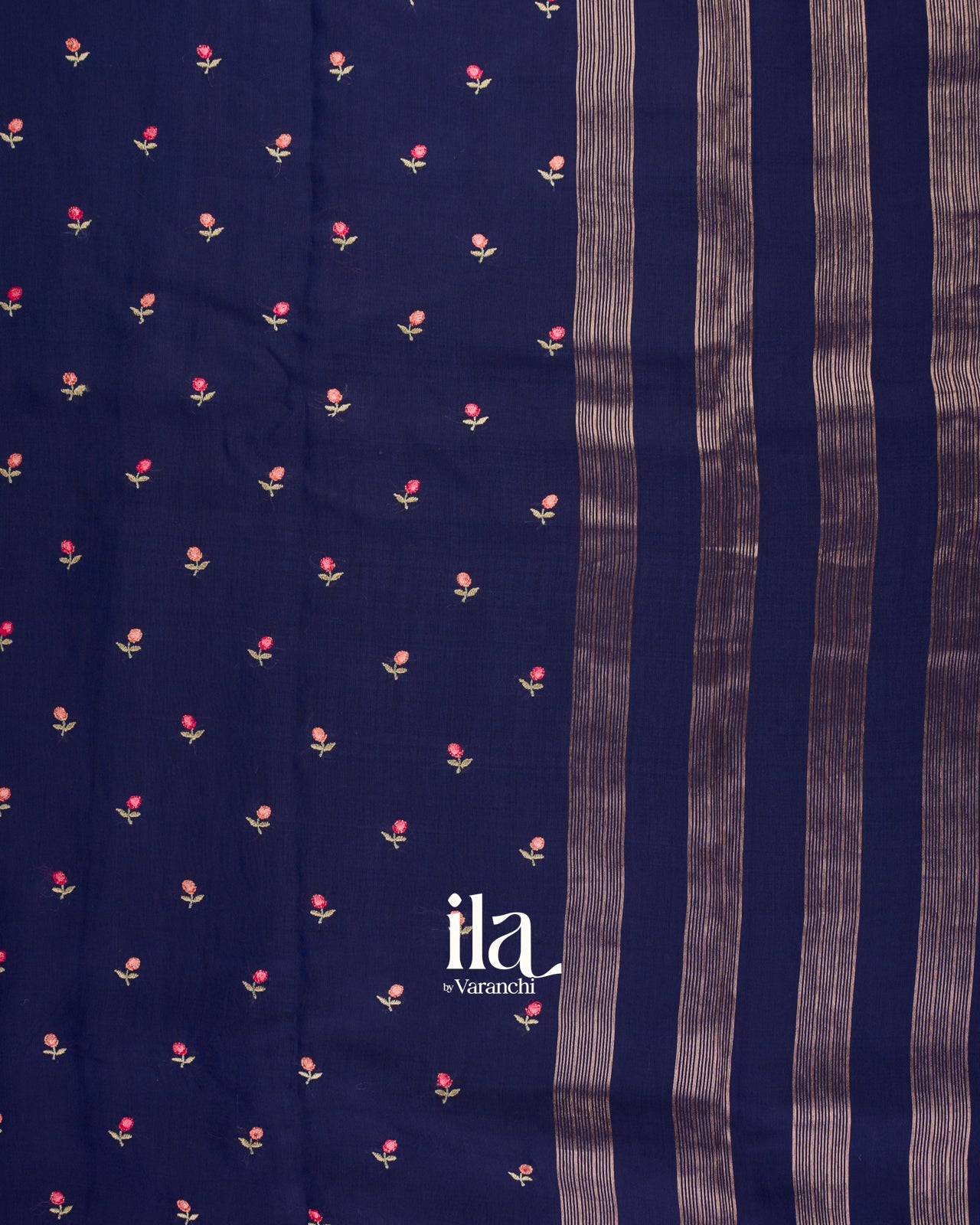 Navy Blue Floral Embroidered Assam Silk Saree