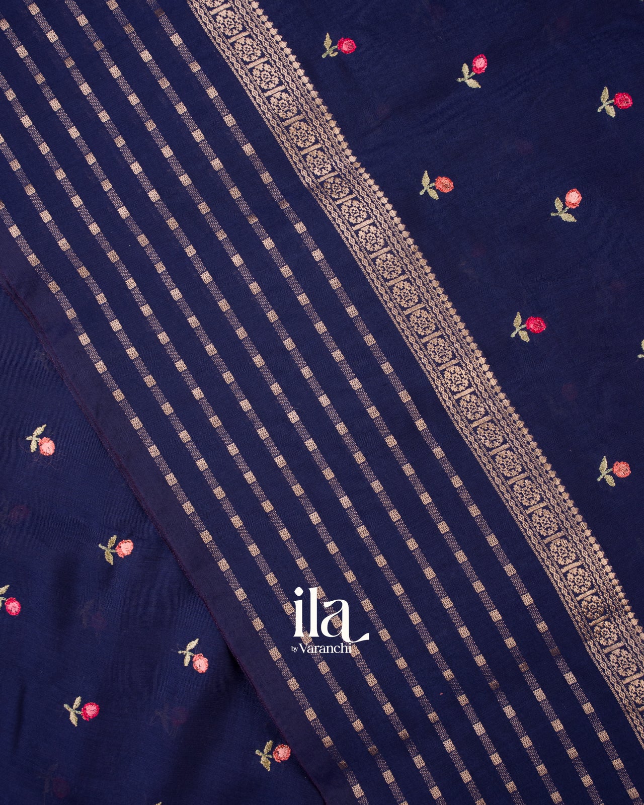 Navy Blue Floral Embroidered Assam Silk Saree