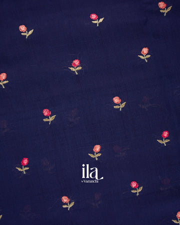 Navy Blue Floral Embroidered Assam Silk Saree