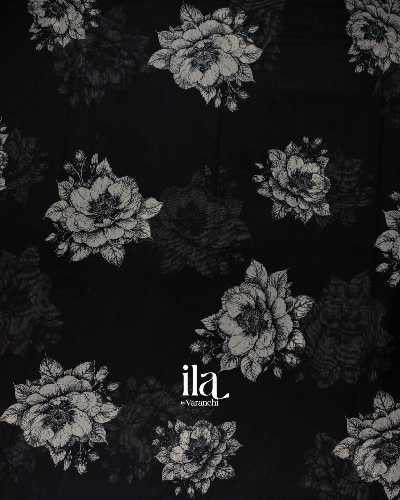 Black Floral Digital Printed Pure Chanderi Silk Cotton Saree
