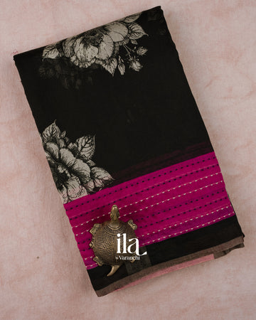 Black Floral Digital Printed Pure Chanderi Silk Cotton Saree